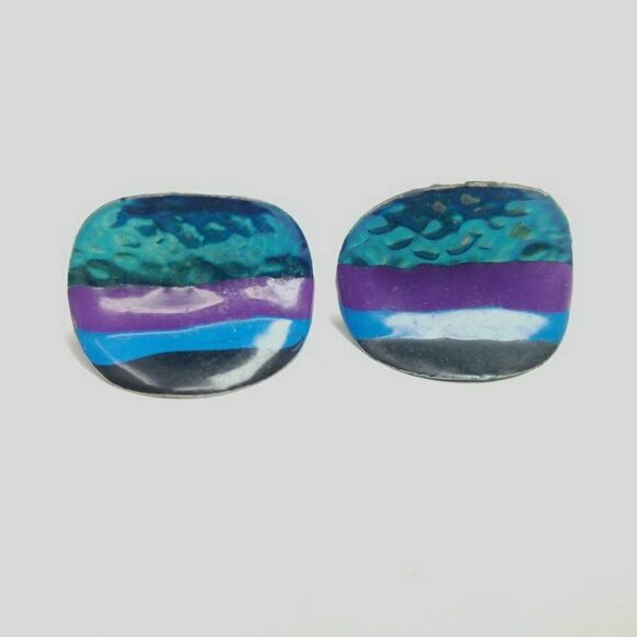 Vintage Funky Striped Blue Enamel Stud Earrings, Curved Design, Retro 80s Style - Picture 6 of 6